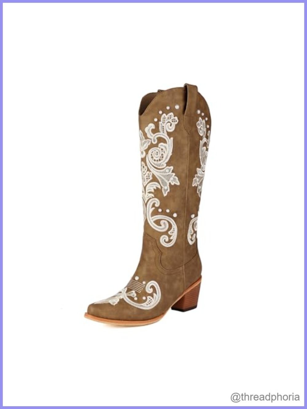 Pearl Embroidered Cowgirl Boots Faux Leather Chunky Heel Mid Calf Western Boots